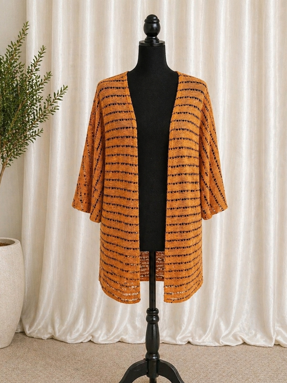 Open Front Knit Cardigan in Rust with Black Stripes